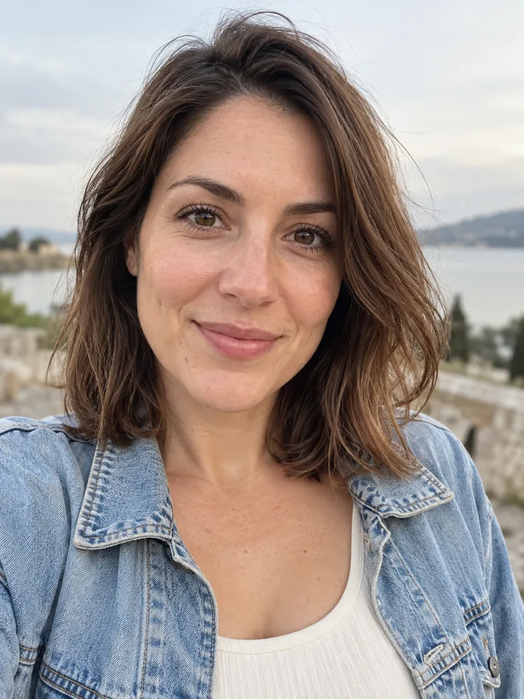 A friendly adult woman in a denim jacket at the wheel of a white pickup truck